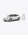 Electric Car on Charging Station Mockup - Half Side View