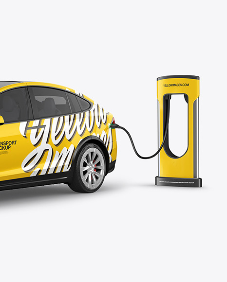 Electric Car on Charging Station Mockup - Half Side View