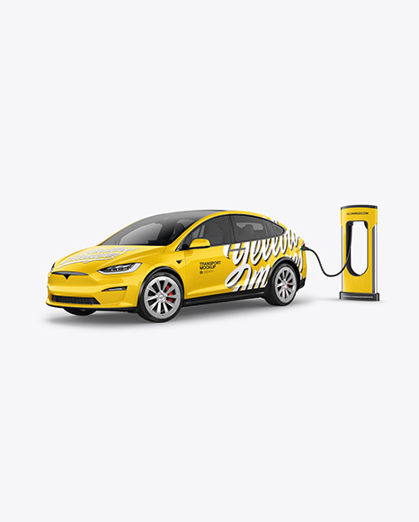 Electric Car on Charging Station Mockup - Half Side View