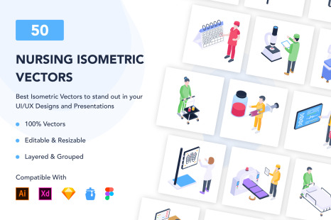 50 Isometric Nursing Vectors - Isometric illustrations