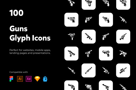 100 unique guns glyph line icons. - Instruments