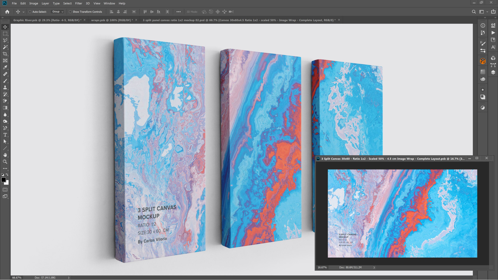 3 Panel Canvas Ratio 1x2 Mockup - Left 1.5 In Wrap