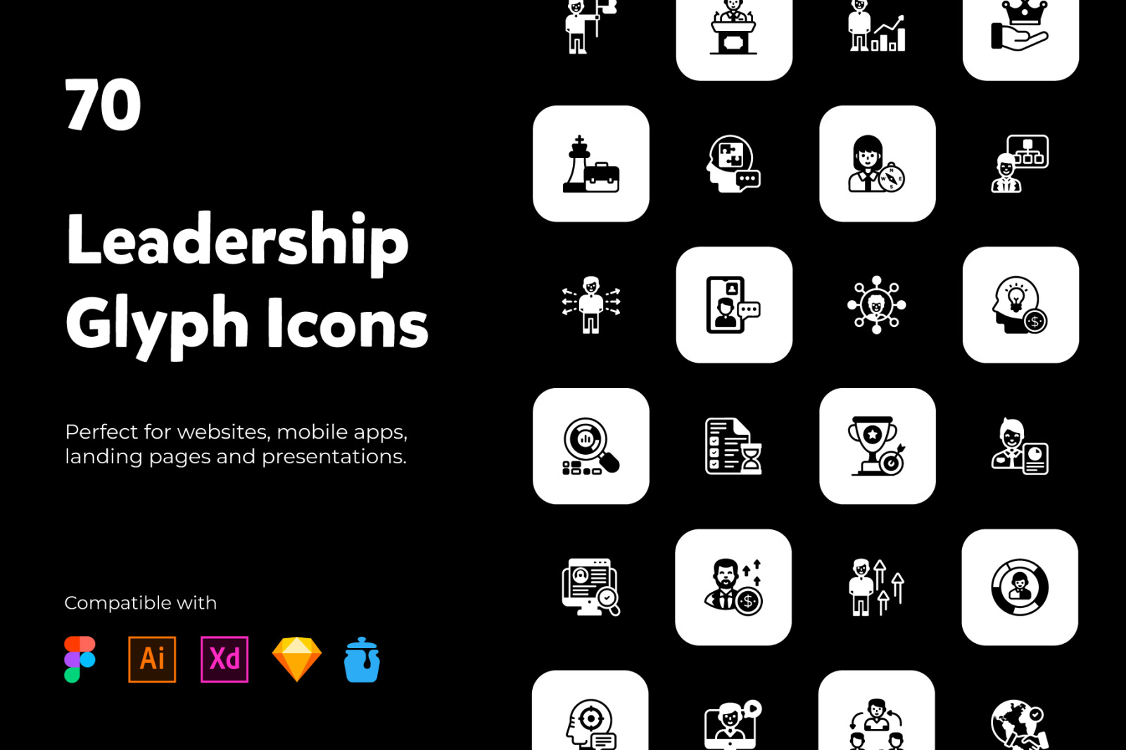 70 Leadership Icons In Solid Style. 70 Leadership Icons In Solid Style.