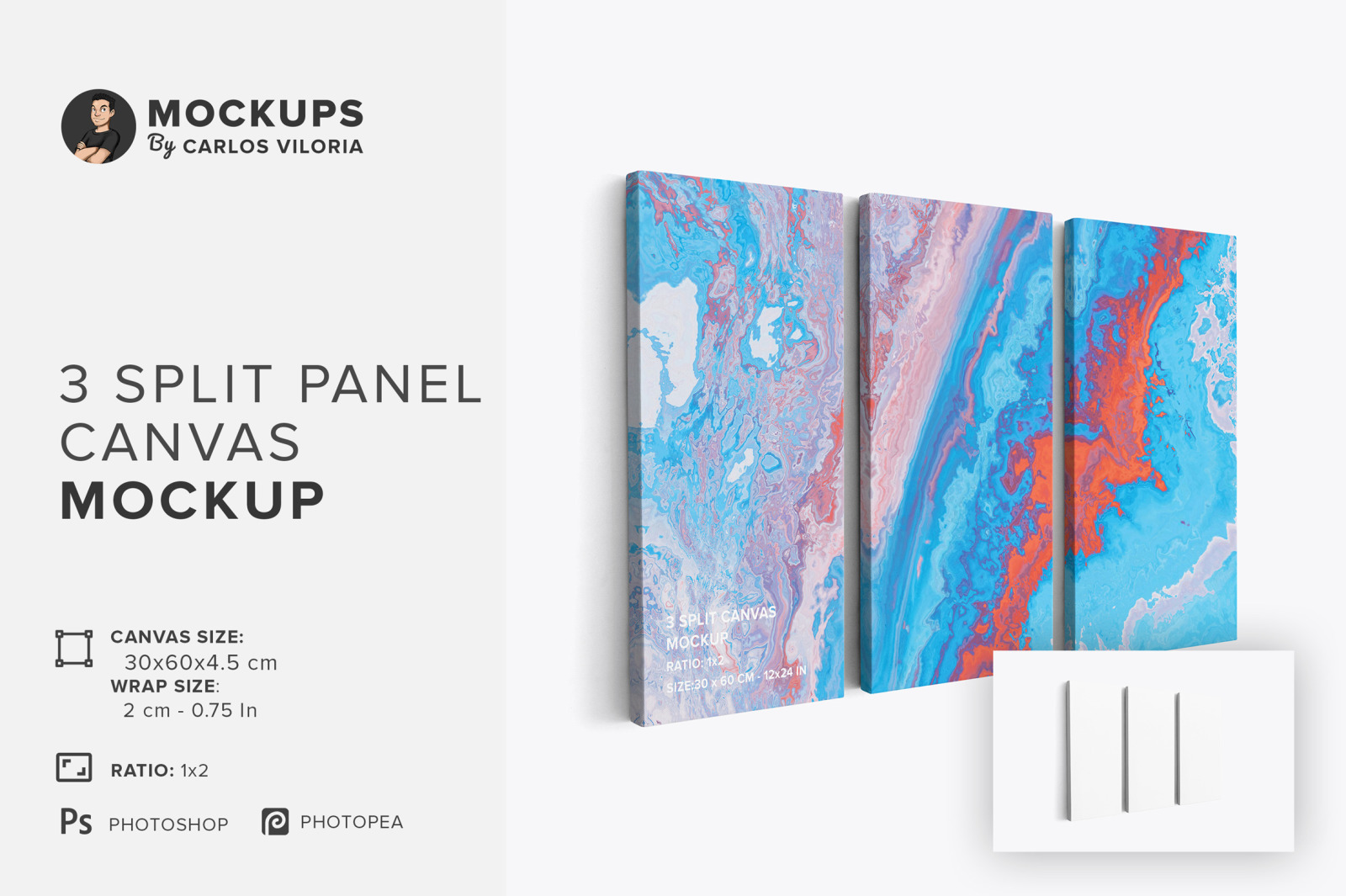 3 Panel Canvas Ratio 1x2 Mockup - Left 0.75 In Wrap