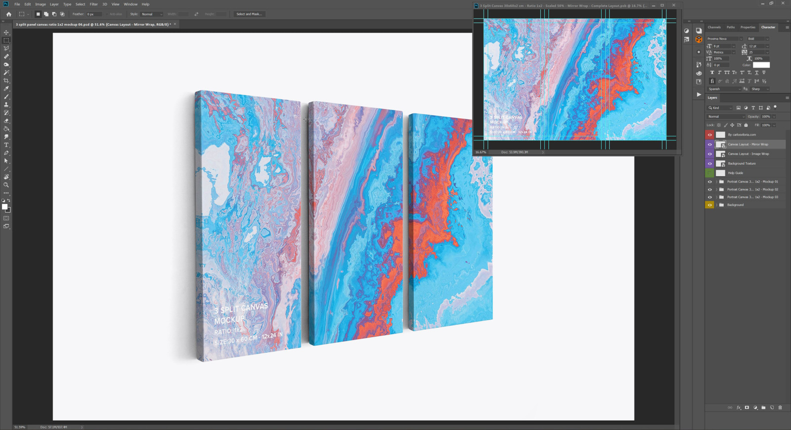 3 Panel Canvas Ratio 1x2 Mockup - Left 0.75 In Wrap