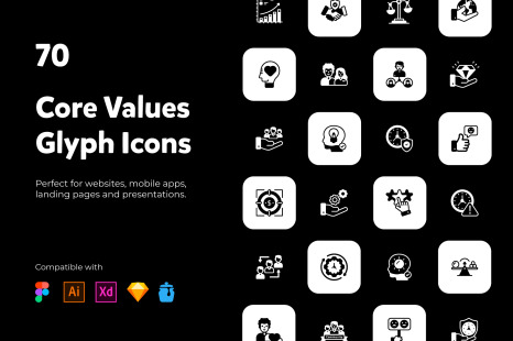 70 Core Values Glyph Icons - Solid icons