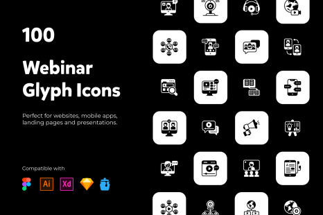 100 Webinar Communication Glyph Icons - Solid icons