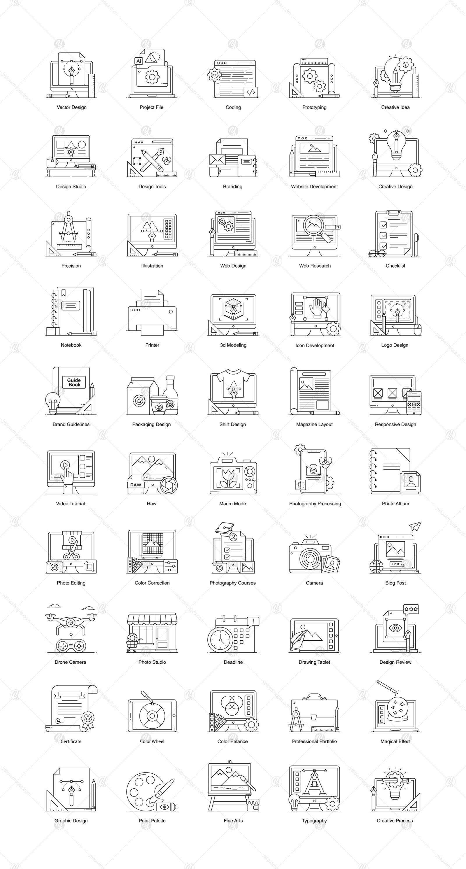 Design and Photography Flat Outline Icons