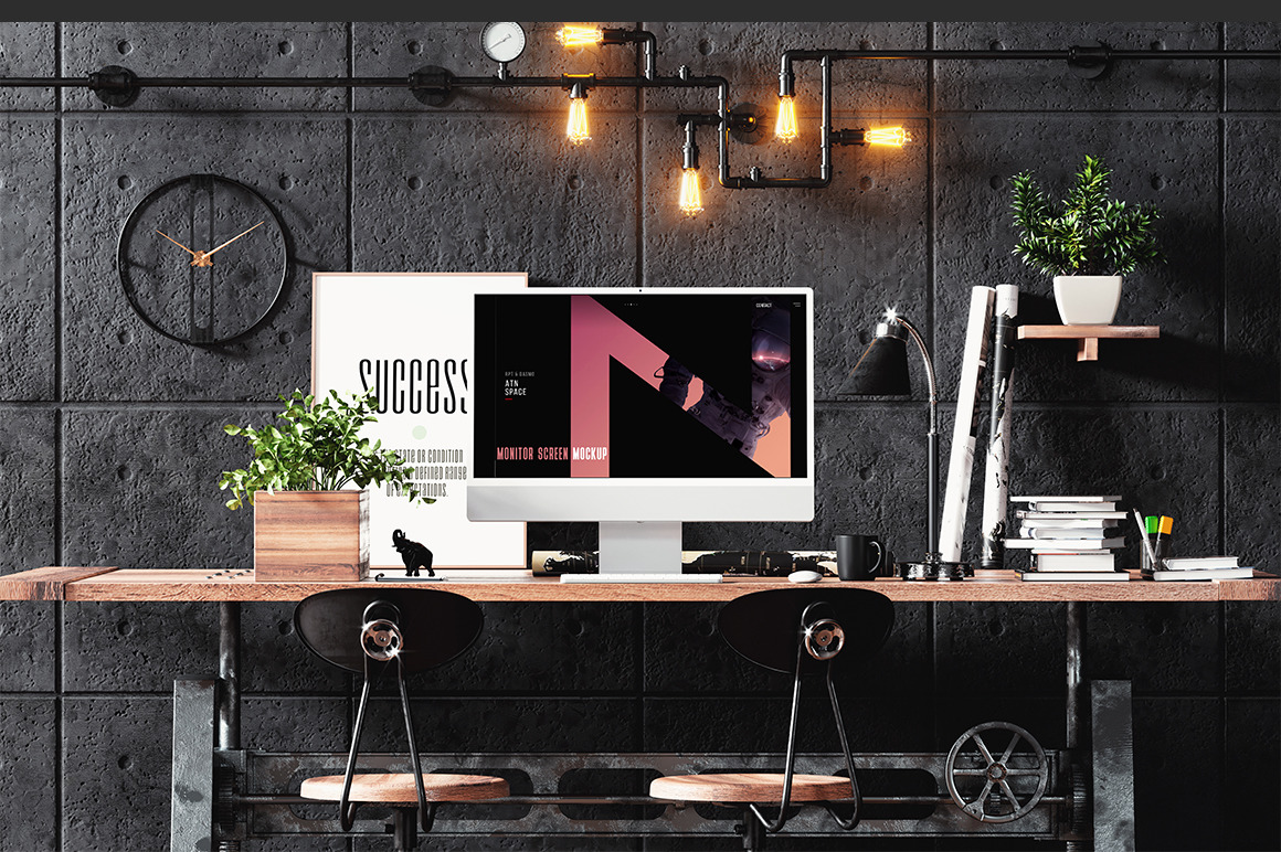 Monitor Screen On Workplace Mockup Monitor Screen On Workplace Mockup
