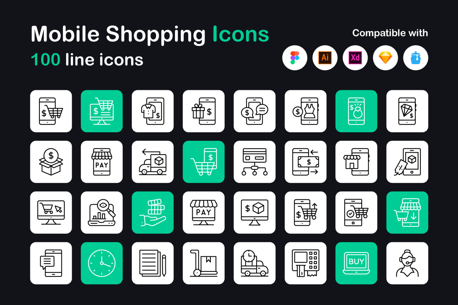 Mobile Shopping Linear Icons Pack