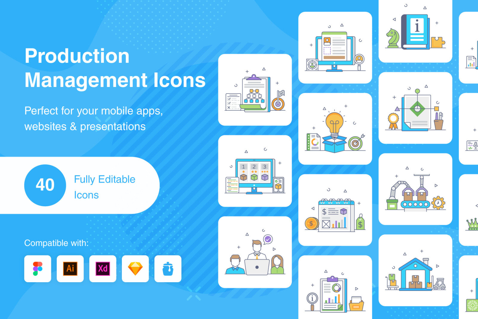 Production Management Flat Outline Icons