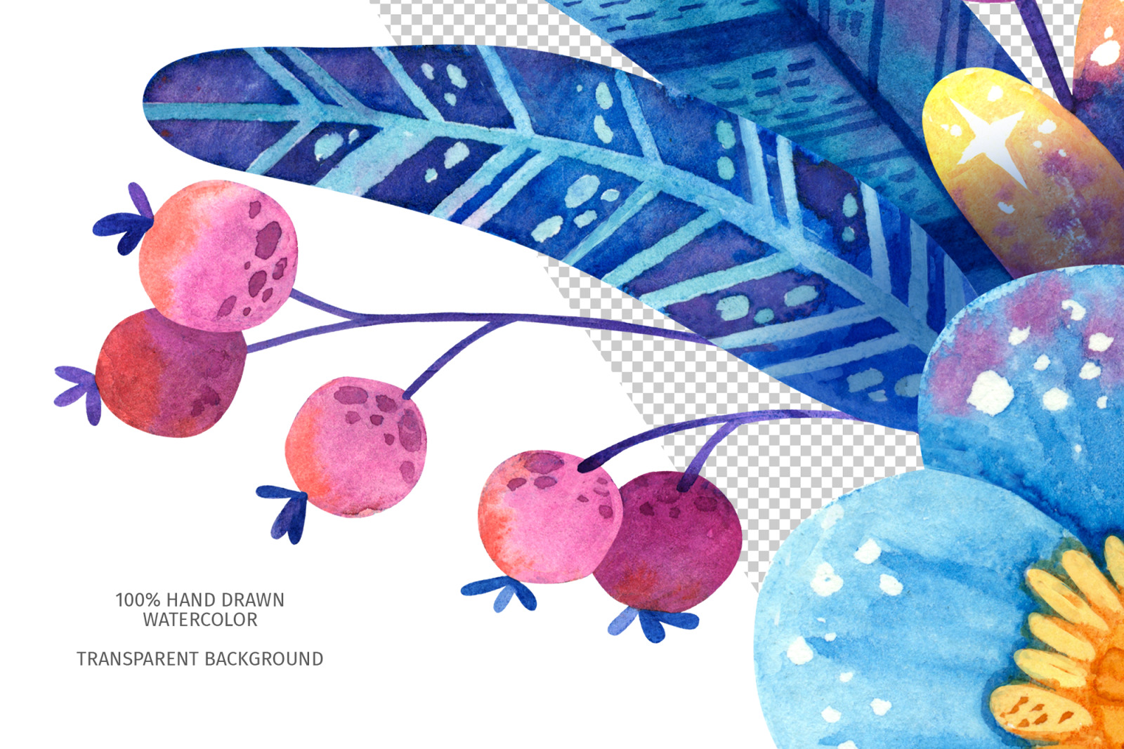 Blue flowers and berries watercolor clipart, floral seamless patterns, wreaths, frames PNG Blue flowers and berries watercolor clipart, floral seamless patterns, wreaths, frames PNG