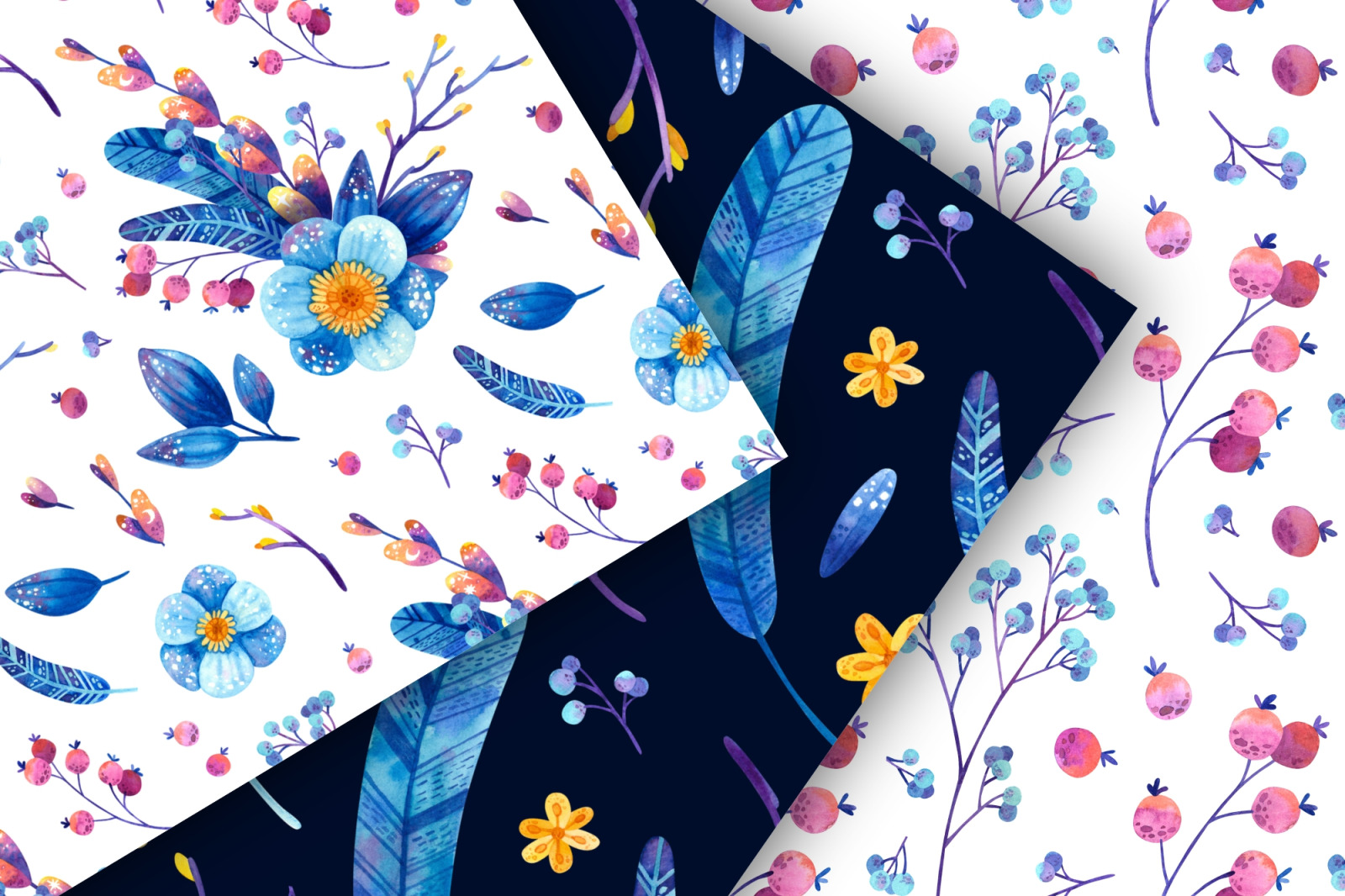 Blue flowers and berries watercolor clipart, floral seamless patterns, wreaths, frames PNG Blue flowers and berries watercolor clipart, floral seamless patterns, wreaths, frames PNG