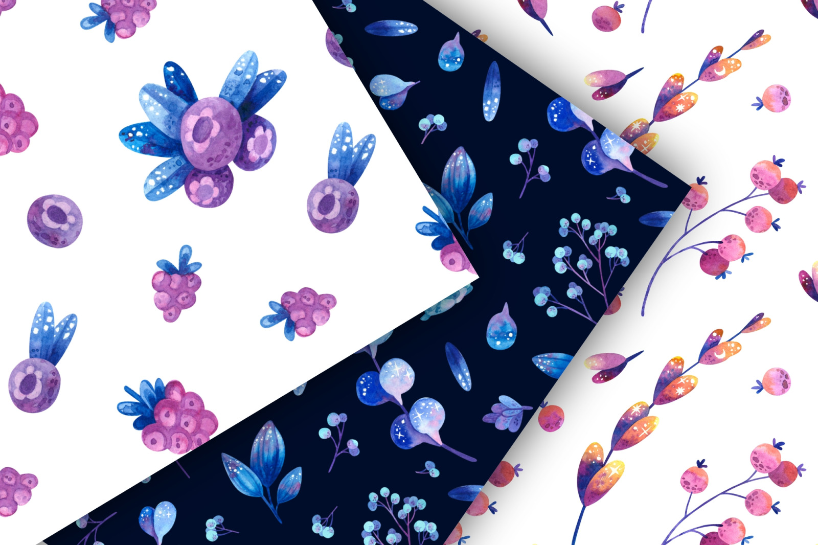 Blue flowers and berries watercolor clipart, floral seamless patterns, wreaths, frames PNG