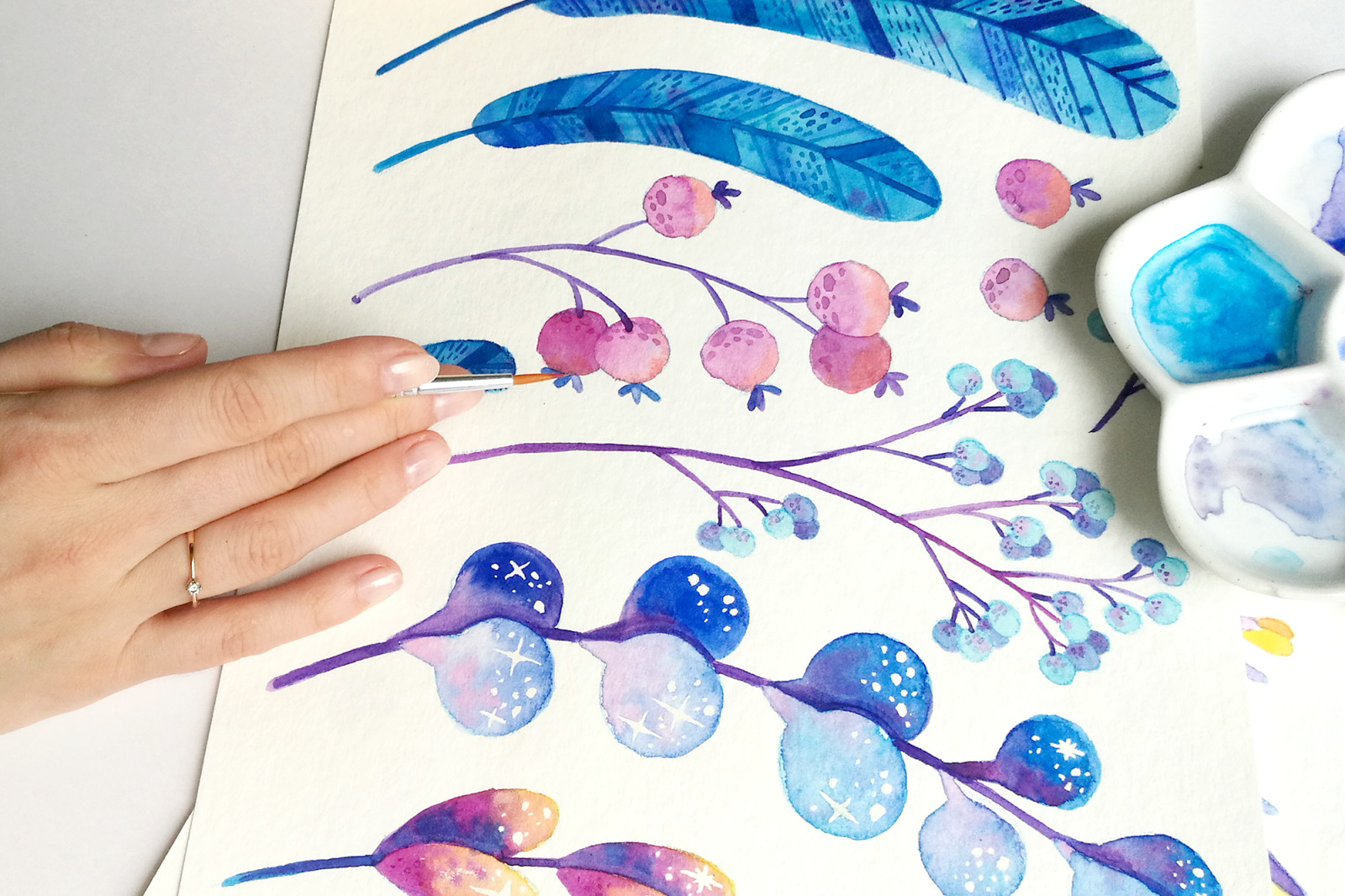Blue flowers and berries watercolor clipart, floral seamless patterns, wreaths, frames PNG Blue flowers and berries watercolor clipart, floral seamless patterns, wreaths, frames PNG