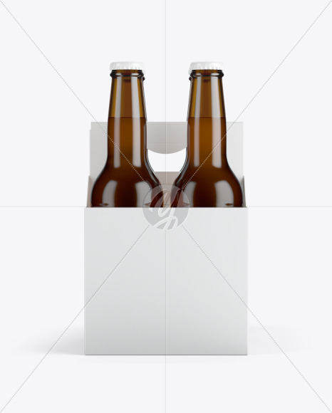 Paper Carrier w/ 4 Amber Beer Bottles Mockup