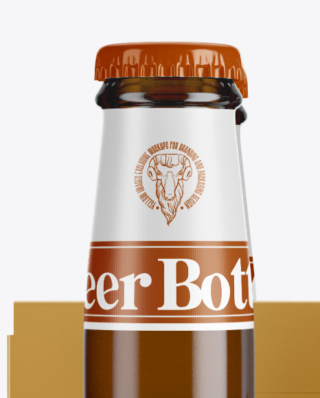 Paper Carrier w/ 4 Amber Beer Bottles Mockup