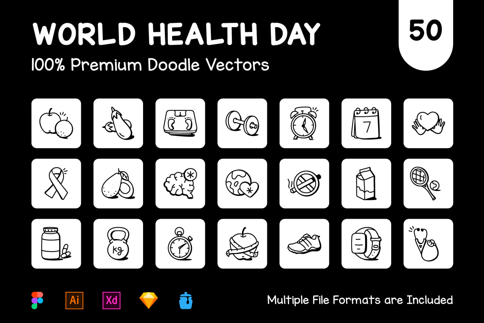50 Doodle World Health Day Vector Icons 50 Doodle World Health Day Vector Icons