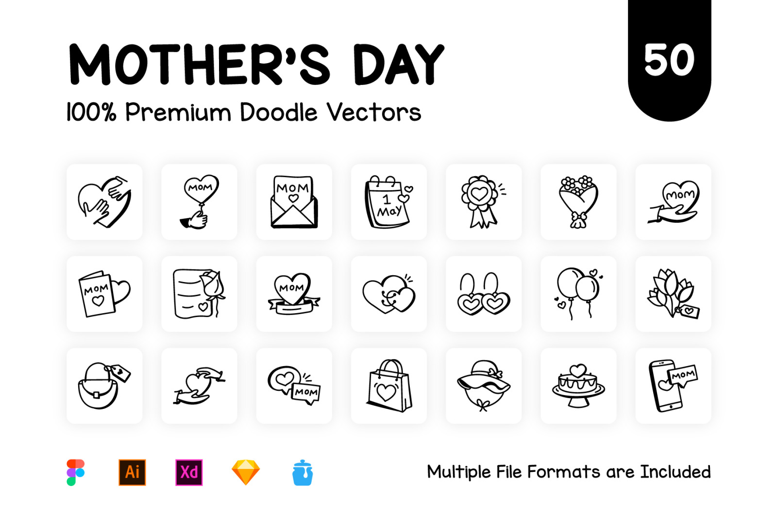 50 Doodle Mother’s Day Vector Icon