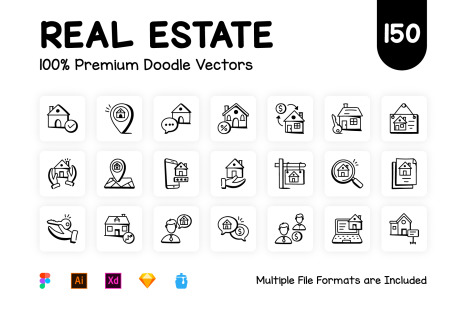 Pack of 150 Doodle Real Estate Icons - Iconic structures