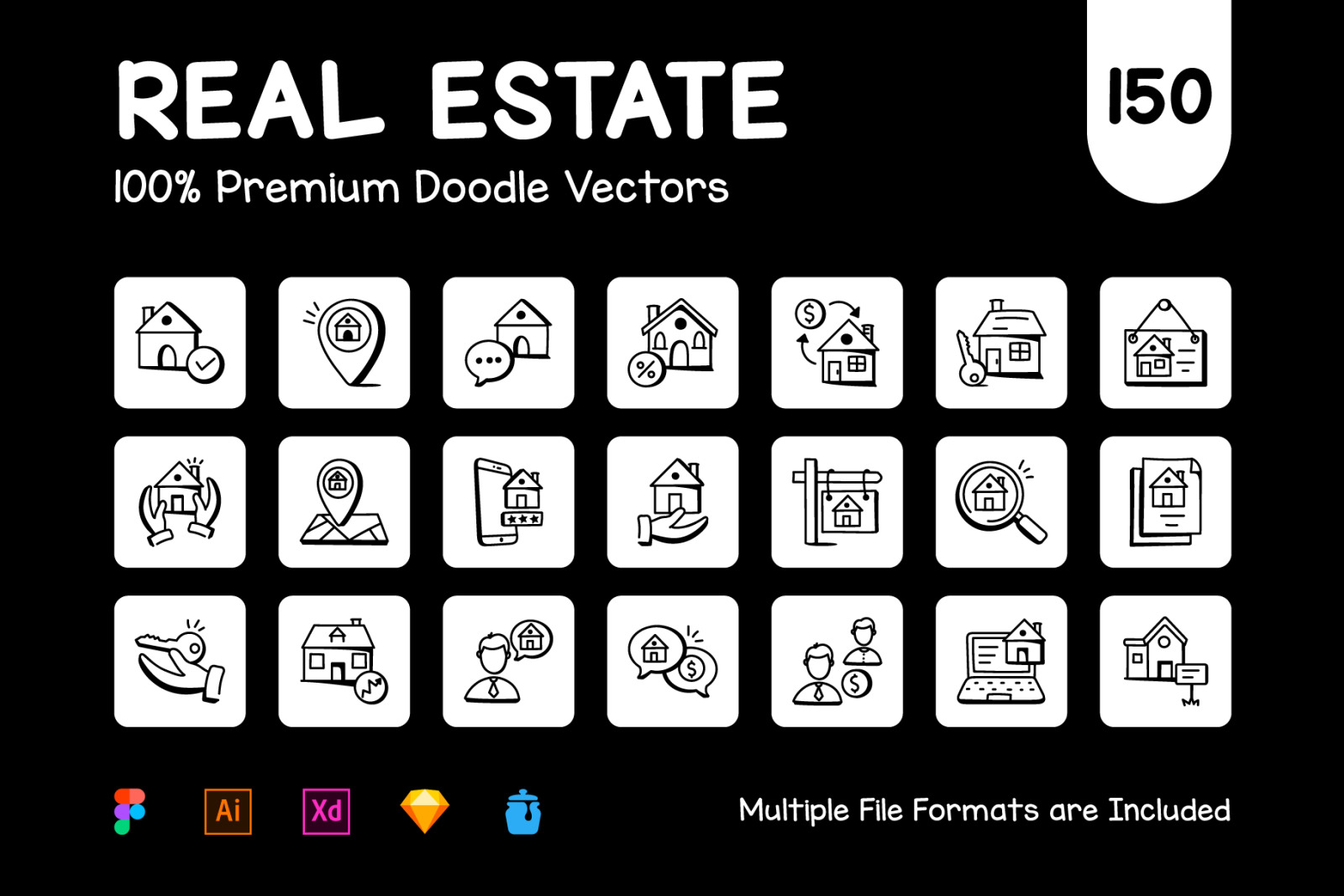 Pack of 150 Doodle Real Estate Icons