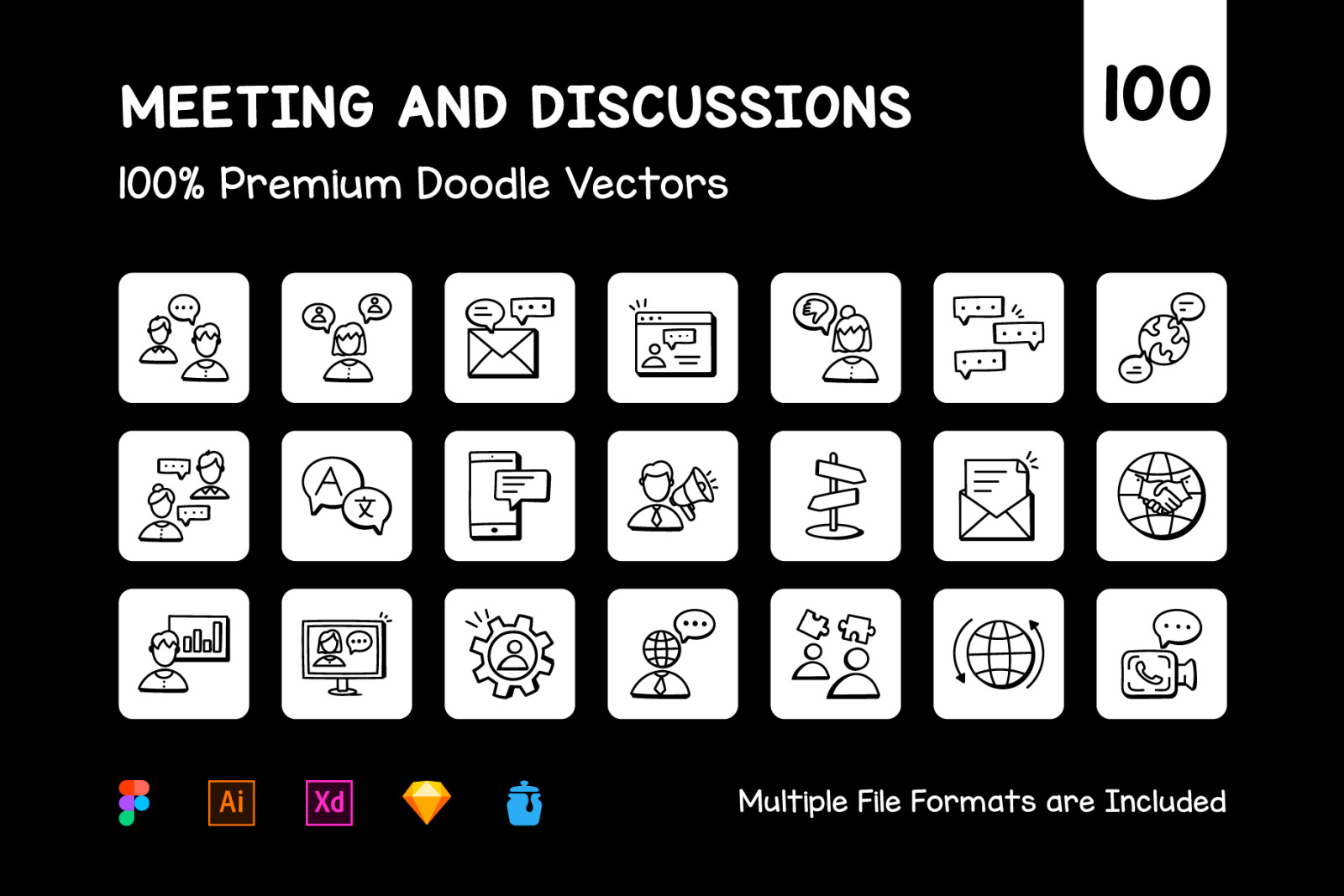 100 Doodle Discussion and Meeting Icons