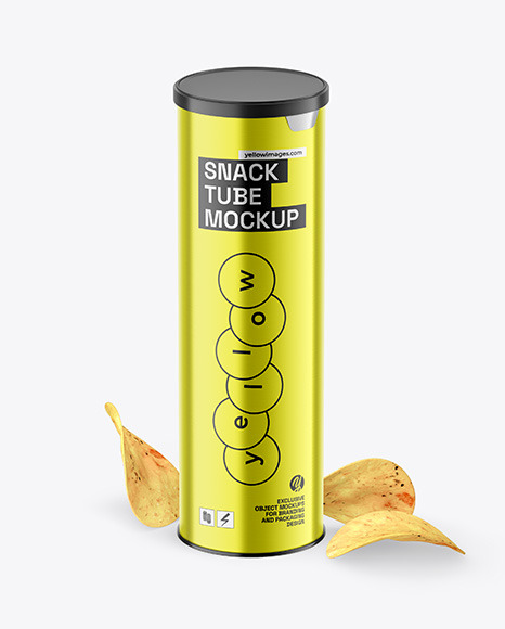 Metallic Plastic Tube w Chips Mockup - Paper+Snack+Tube+W+Chips+Transparent+Cap+Mockup+In+Tube+Mockups+On+Yellow+Images+Object+Mockups