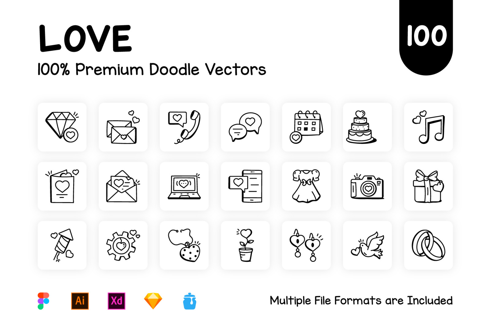 Pack of 100 Hand Drawn Love Icons Pack of 100 Hand Drawn Love Icons