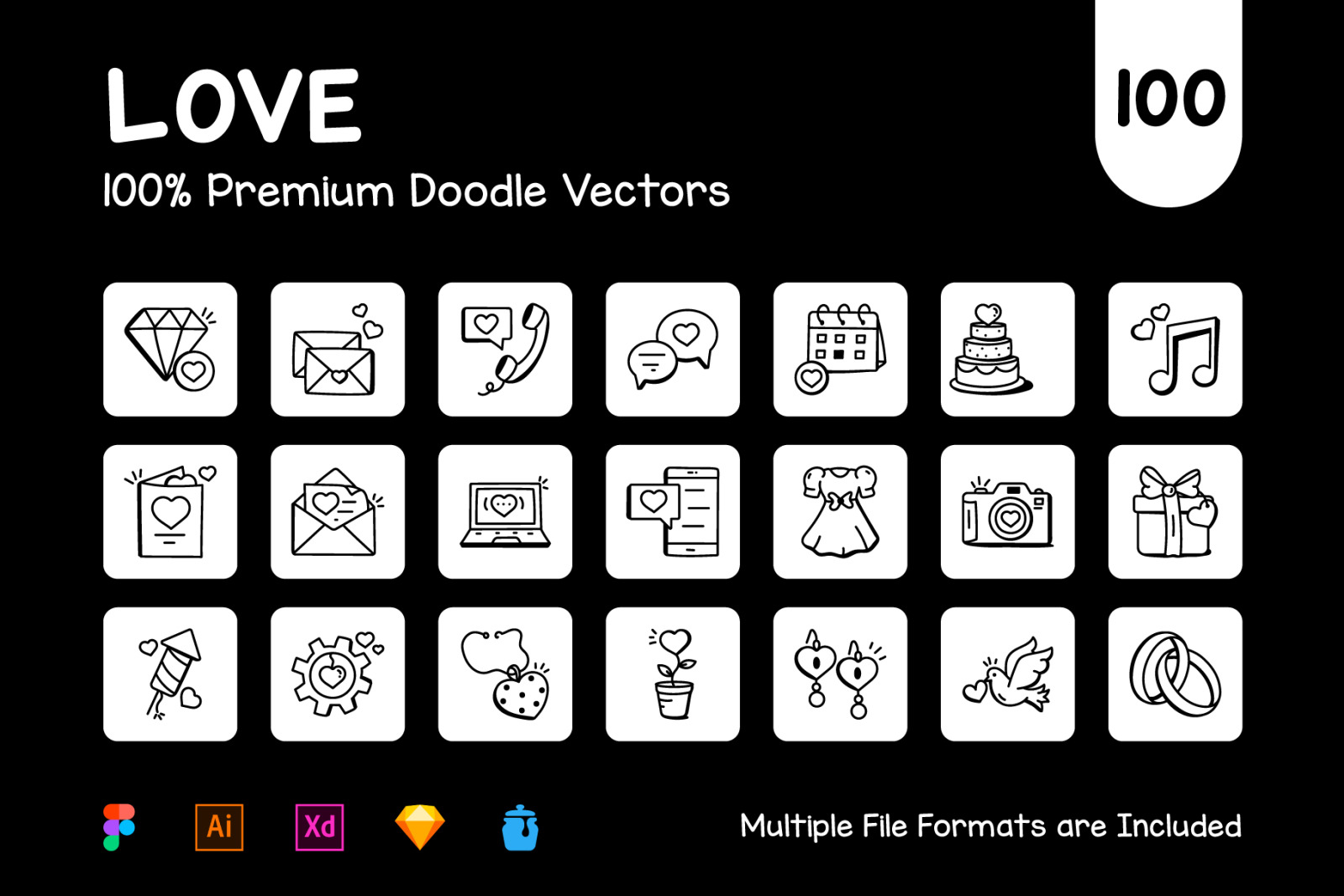 Pack of 100 Hand Drawn Love Icons