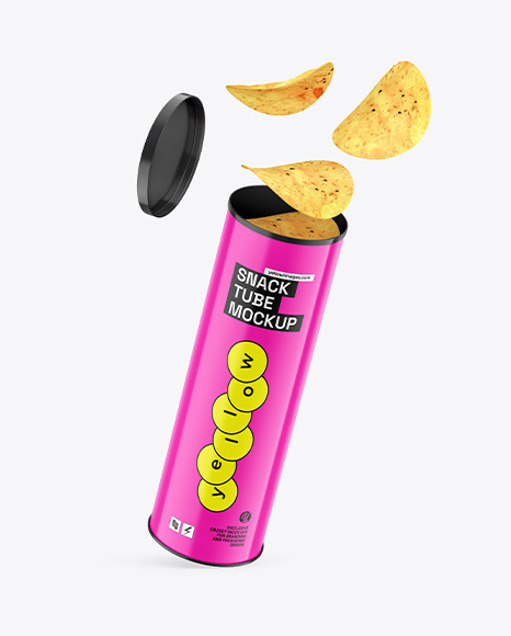 Opened Glossy Plastic Tube w Chips Mockup - Paper+Snack+Tube+W+Chips+Transparent+Cap+Mockup+In+Tube+Mockups+On+Yellow+Images+Object+Mockups