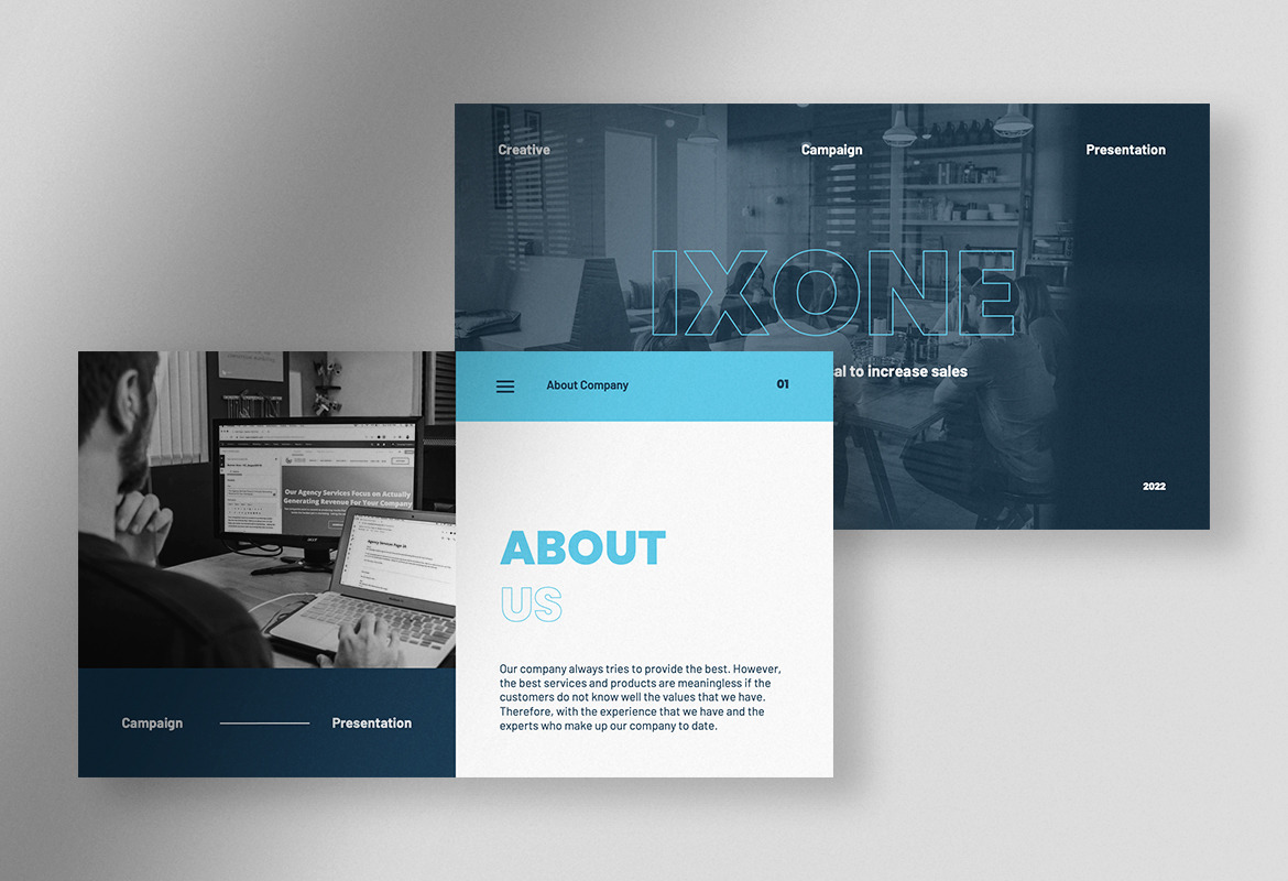 Ixone - Blue and White Minimalist Creative Campaign Presentation