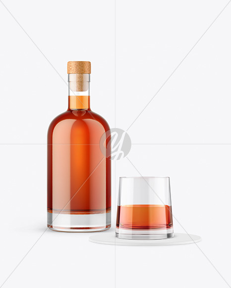 Cognac Bottle With Glass Mockup