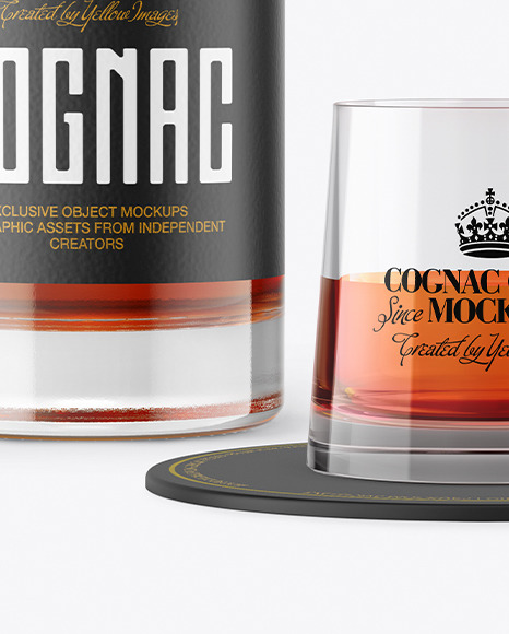 Cognac Bottle With Glass Mockup