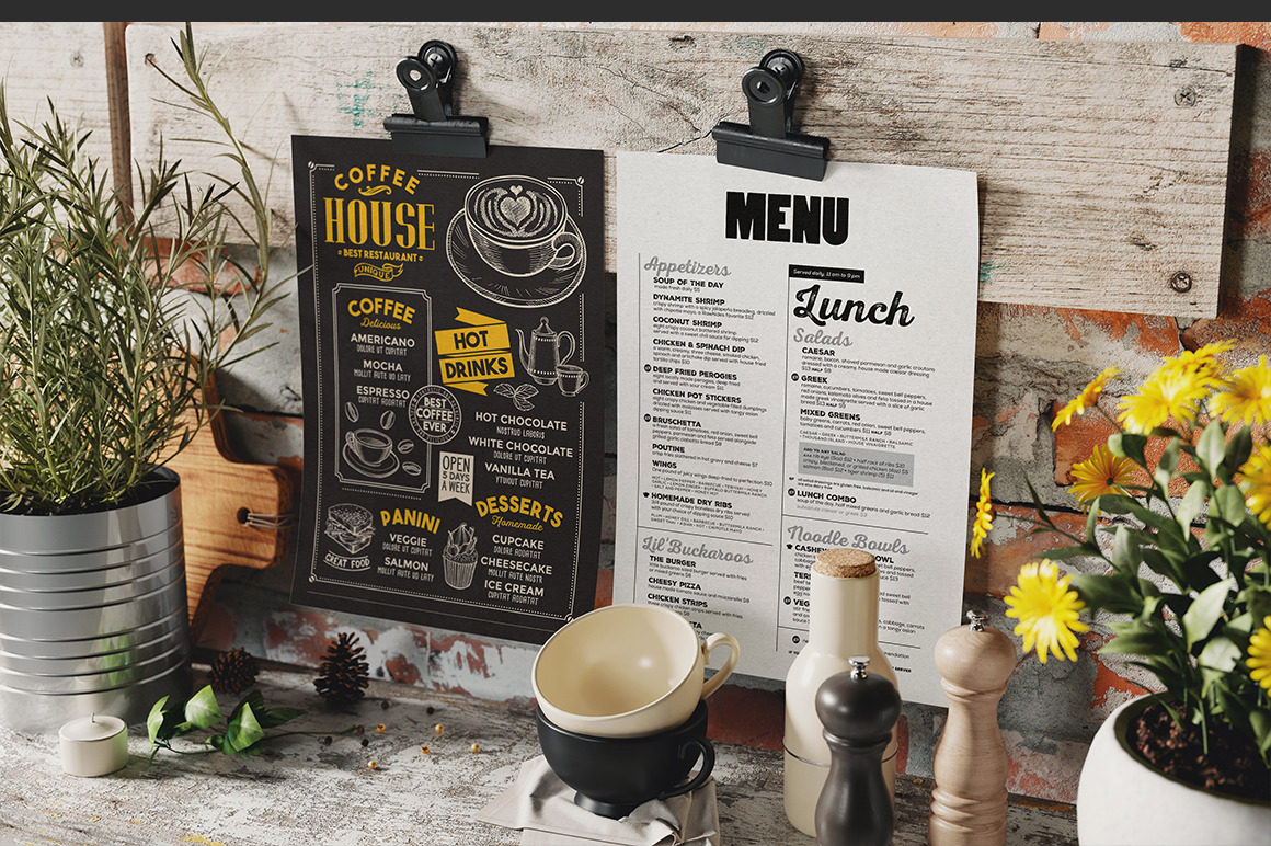 Hanging Menu With Binder Clip Vintage Scene Mockup