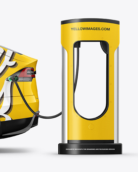 Electric Car on Charging Station Mockup - Side View