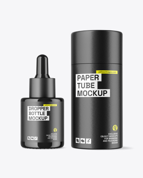 Glossy Dropper Bottle w Paper Tube Mockup - Wrapping paper mockup