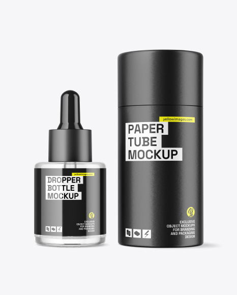 Clear Glass Dropper Bottle w\ Paper Tube Mockup