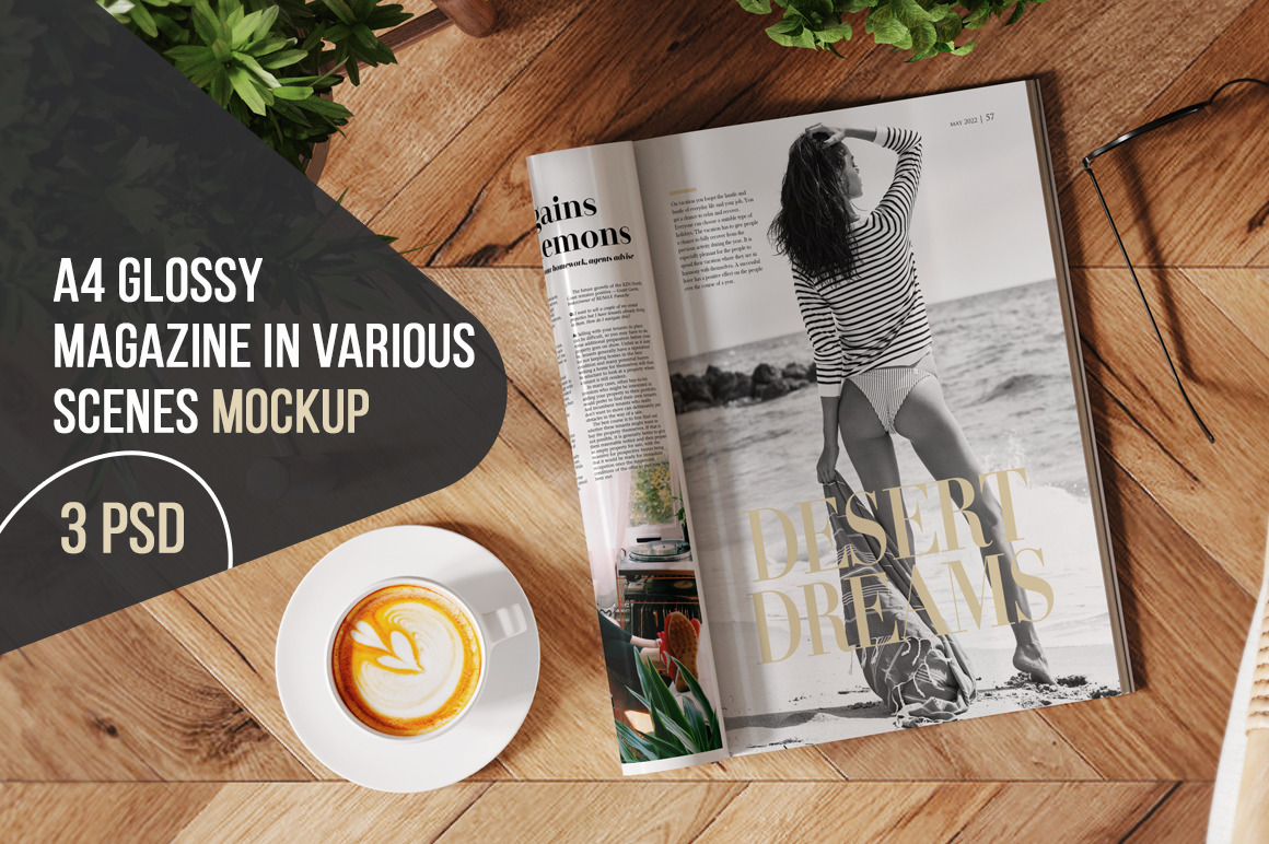 A4 Glossy Magazine In Various Scenes Mockup