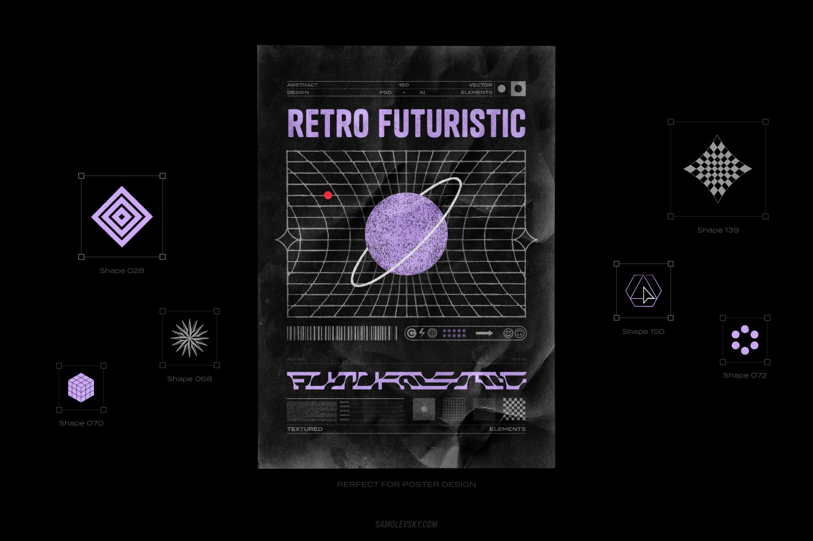 150 Retro-futuristic textured shapes pack