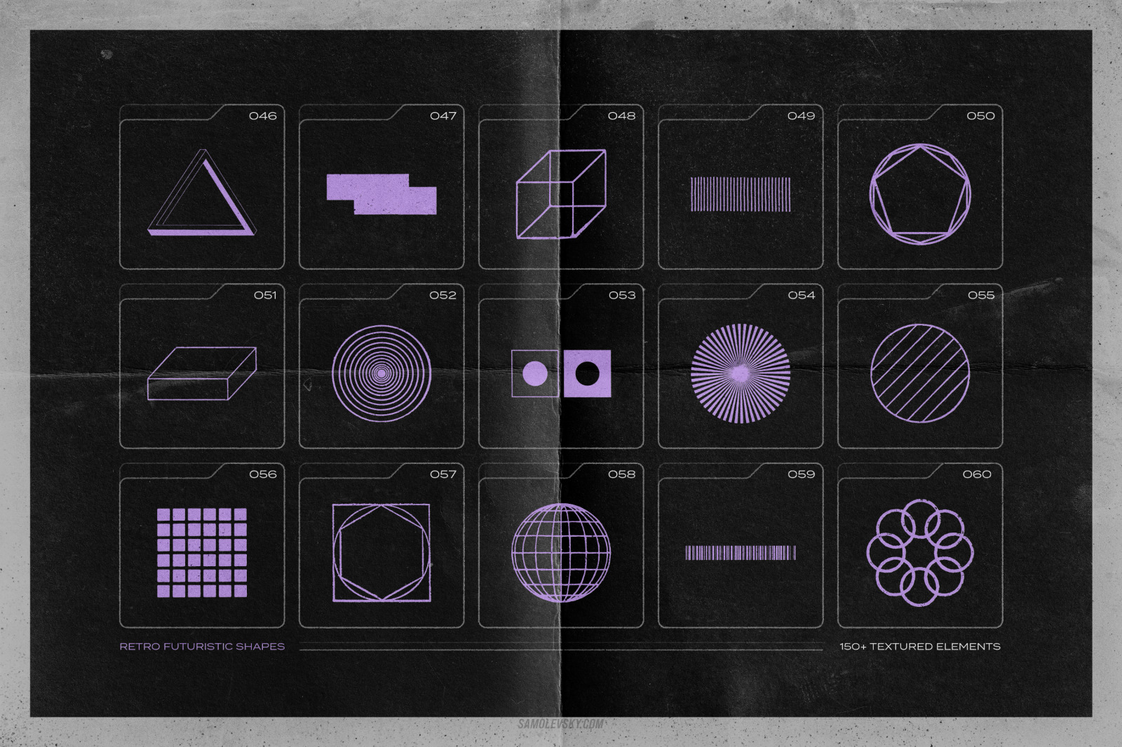 150 Retro-futuristic textured shapes pack