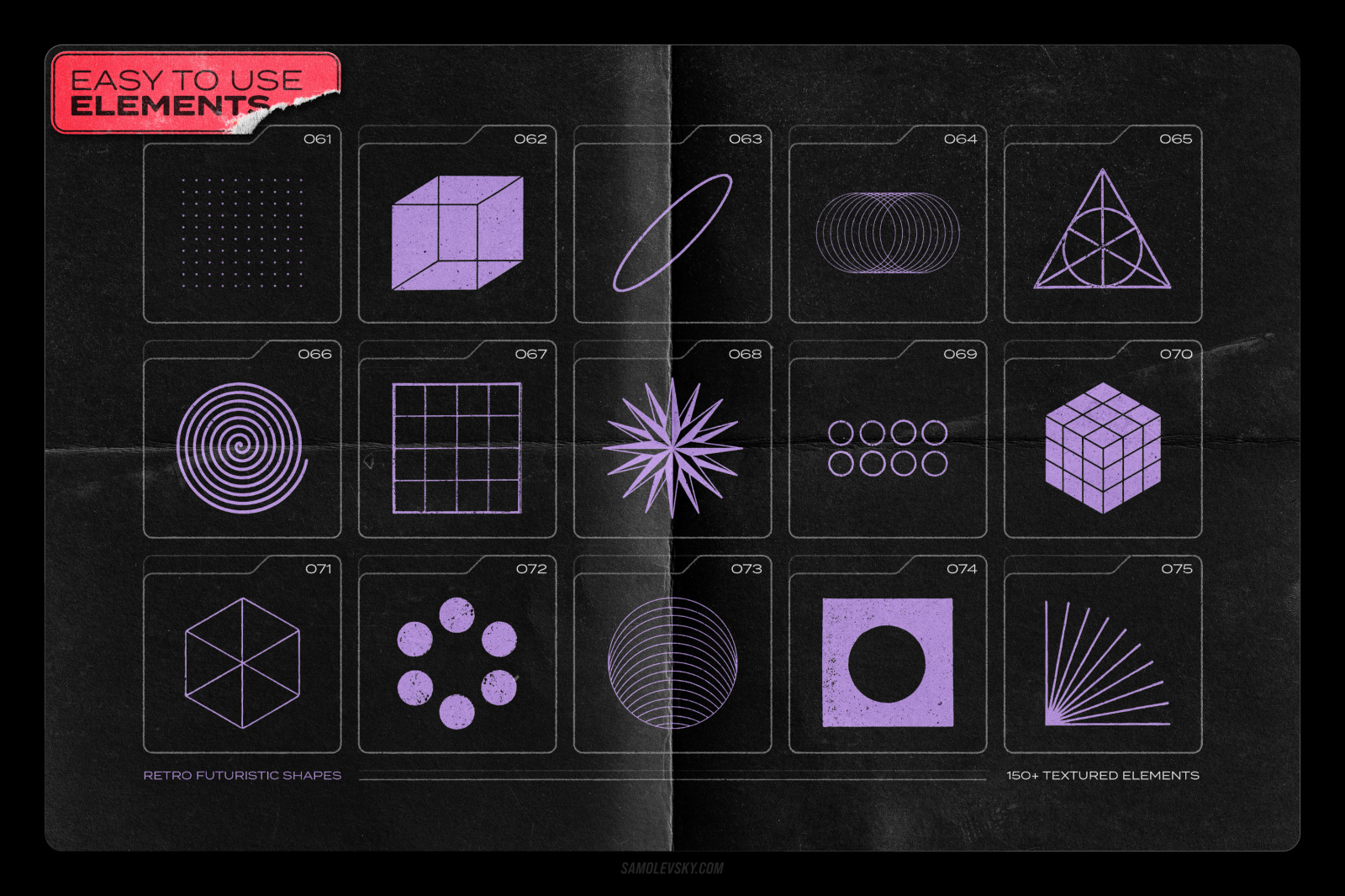 150 Retro-futuristic textured shapes pack