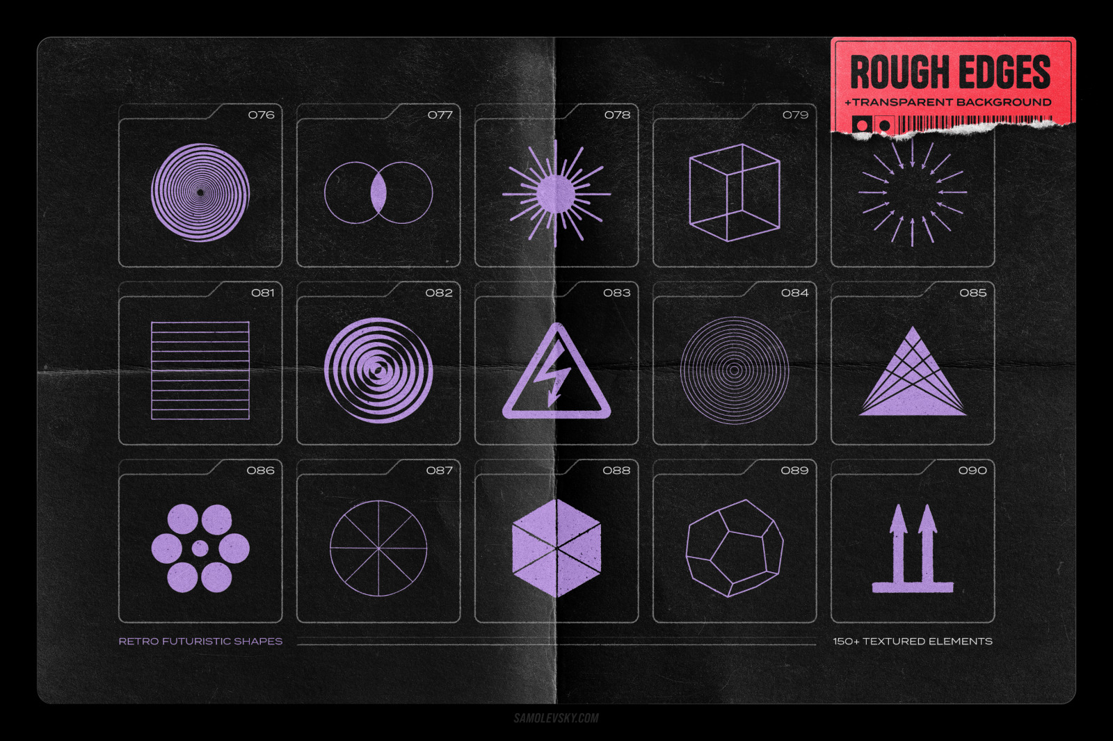 150 Retro-futuristic textured shapes pack