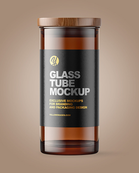 Empty Amber Glass Tube w/ Wooden Cap Mockup