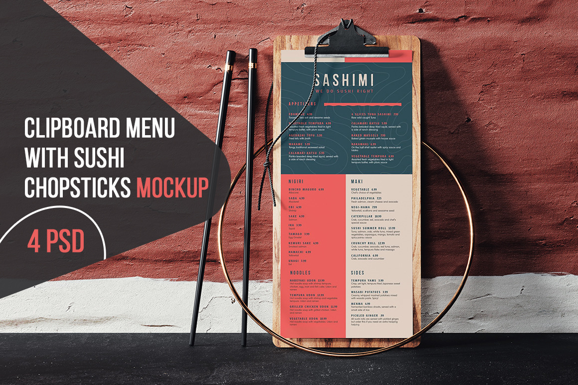 Wooden Clipboard Menu With Sushi Chopsticks Mockup