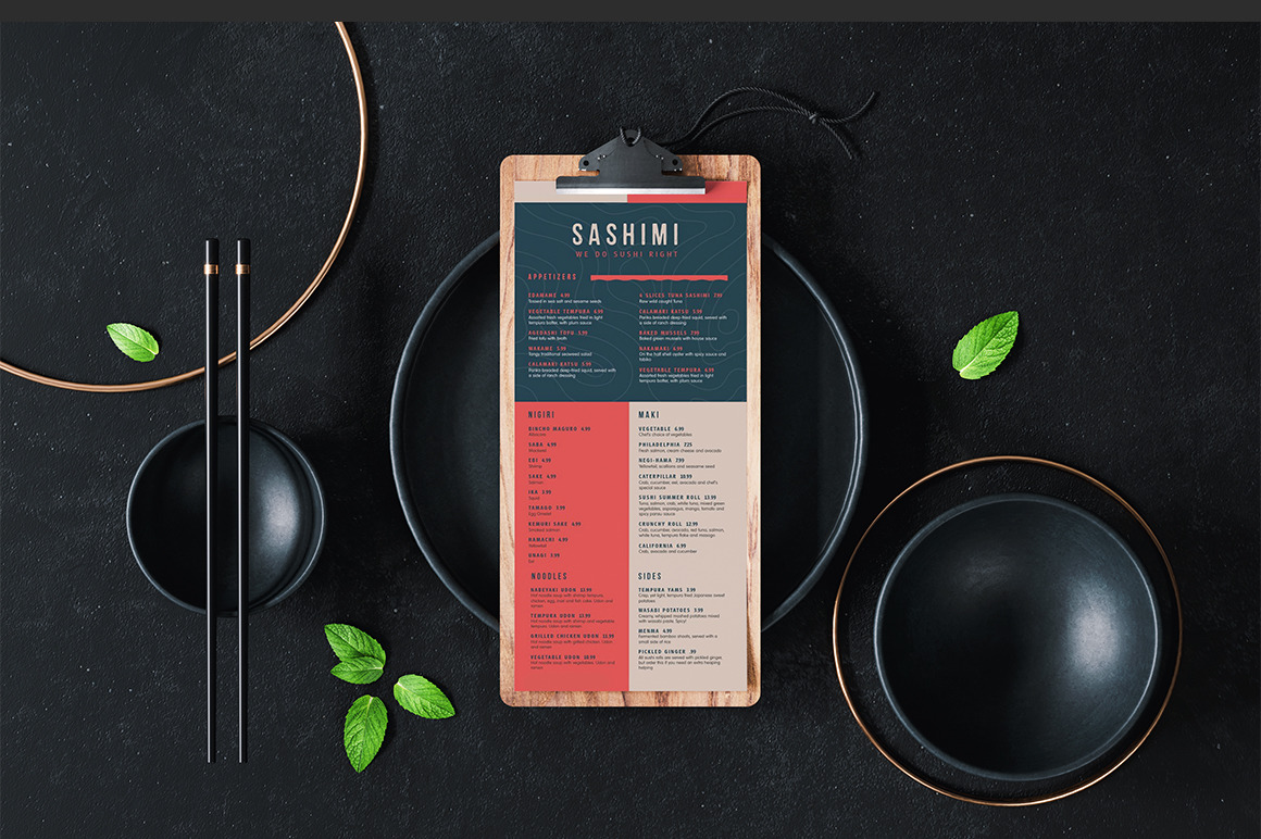 Wooden Clipboard Menu With Sushi Chopsticks Mockup