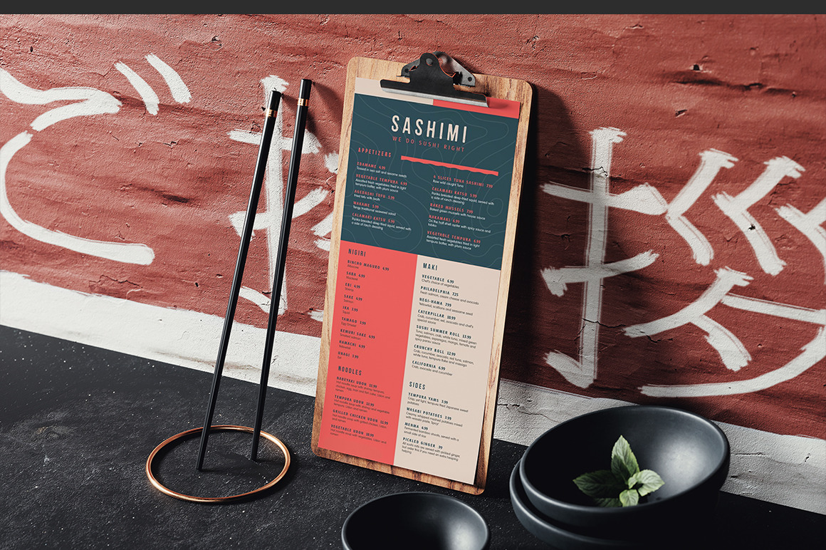 Wooden Clipboard Menu With Sushi Chopsticks Mockup