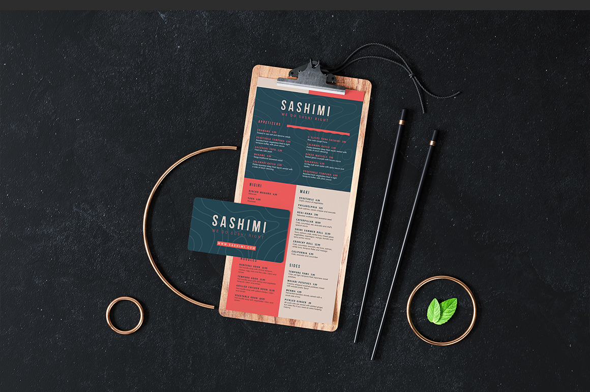 Wooden Clipboard Menu With Sushi Chopsticks Mockup