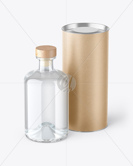 Clear Glass Dry Gin Bottle with Kraft Tube Mockup