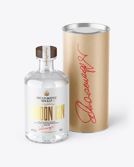 Clear Glass Dry Gin Bottle with Kraft Tube Mockup