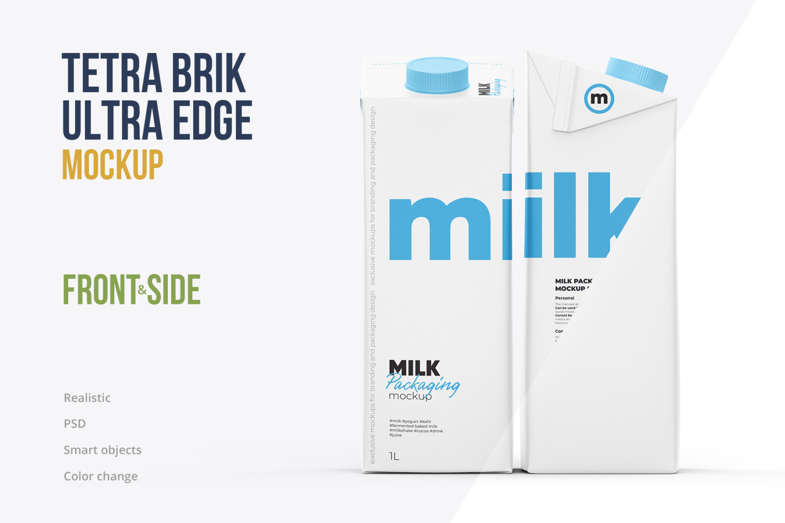 1L Milk packaging. Tetra Brik edge. Front and Side view